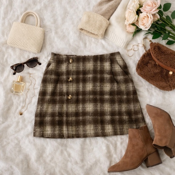 Amazon Dresses & Skirts - Amazon Plaid Brown Skirt with Side Pockets Size S